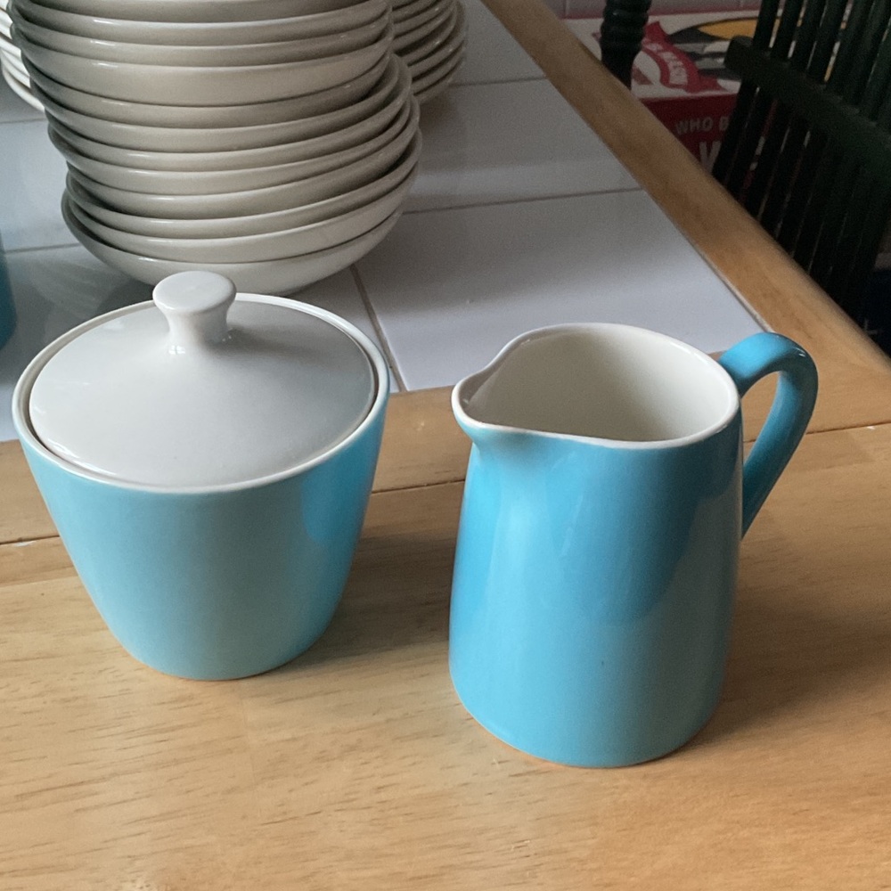 Blue and White Ceramic Creamer and Sugar Set/ BLUE HEAVEN DISHES.
$45
